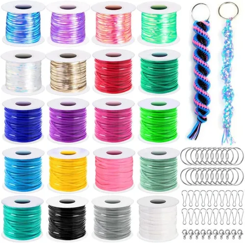 Miniatura 8 de Kit de cuerda de cordón, Cridoz 15 rollos de cuerda de gimp de cordón de plástico con 50 piezas de ganchos de clip a presión, llaveros y cierres