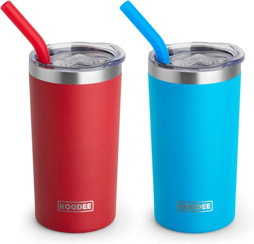 Miniatura 22 de Koodee - Vaso delgado de acero inoxidable de 20 onzas (4 unidades) aislado con doble pared, vaso de agua con 4 tapas, 4 popotes y 2 cepillos