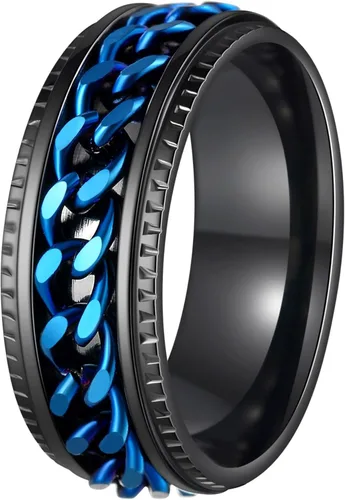 Anillos giratorios para hombres y mujeres, anillos de ansiedad para hombres, anillos de cadena para adultos, anillos de titanio y acero Negro azul