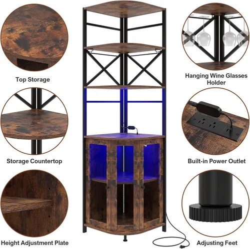 Miniatura 6 de Gabinete de bar de vino con toma de corriente, gabinete industrial de vino de 6 niveles con luz LED y soporte para vidrio, gabinete de vino
