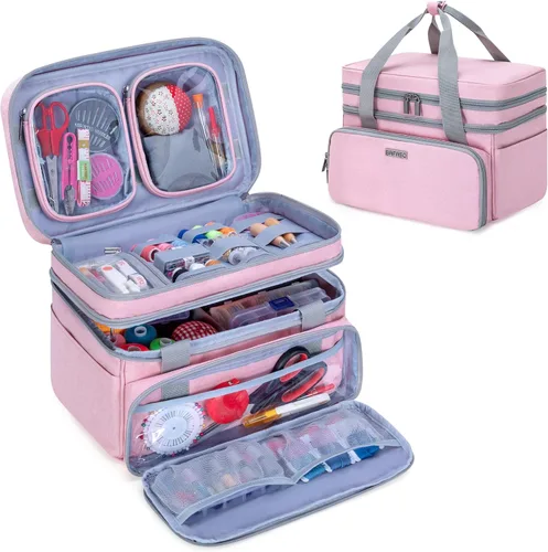 Miniatura 9 de BAFASO Organizador de accesorios de costura de doble capa con 2 bolsas desmontables, bolsa de almacenamiento grande para herramientas de costura Gris
