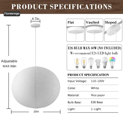 Miniatura 4 de Kit de luz colgante de papel de arroz grande, luces de linterna de papel de globo blanco de 20 pulgadas, base E26, lámpara de linterna colgante