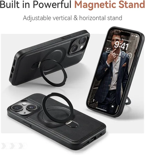 Miniatura 3 de Funda para iPhone 13 con soporte compatible con Magsafe, color negro Magnetic Kickstand, with Tempered Glass Screen Protector, Durable PU Leather