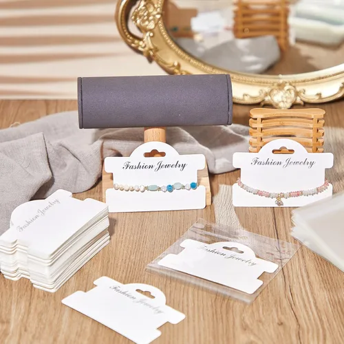 Miniatura 6 de Fulmoon 100 tarjetas de exhibición de pulseras para vender joyas de 3.94 x 2.83 pulgadas, tarjetas colgantes con bolsas de 4.33 x 5.51 pulgadas