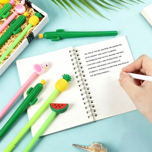 Miniatura 4 de 30 bolígrafos hawaianos Luau de tinta de gel negra de 0.020 in, lindo flamenco, sandía, cactus, piña, fruta para niños, estudiantes y suministros