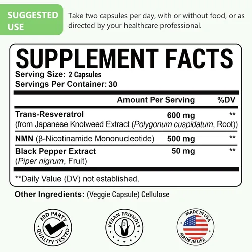 Miniatura 9 de 99% Ultra Pureza NMN 500mg + Trans-Resveratrol 600mg, 1150mg Suplemento de NMN Resveratrol, Fórmula Avanzada 3-en-1 para Impulsar* NAD, Célula