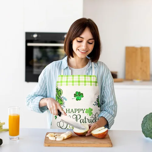 Miniatura 4 de Whaline Delantales del día de San Patricio, delantales de cocina ajustables con trébol de acuarela, delantales de cocina de trébol verde