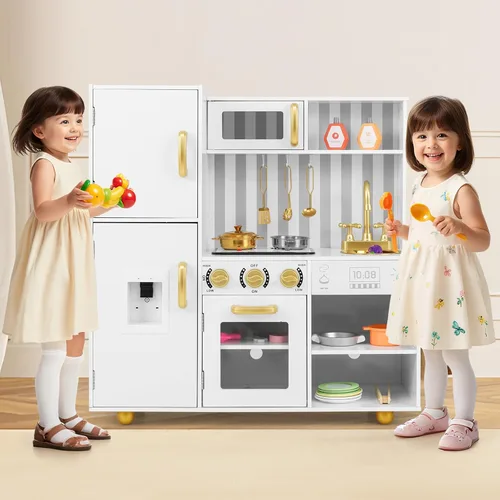 Miniatura 2 de INFANS Juego de cocina para niños, juego de cocina de madera con luz y sonido realistas, estufa, fregadero, microondas, armario de almacenamiento