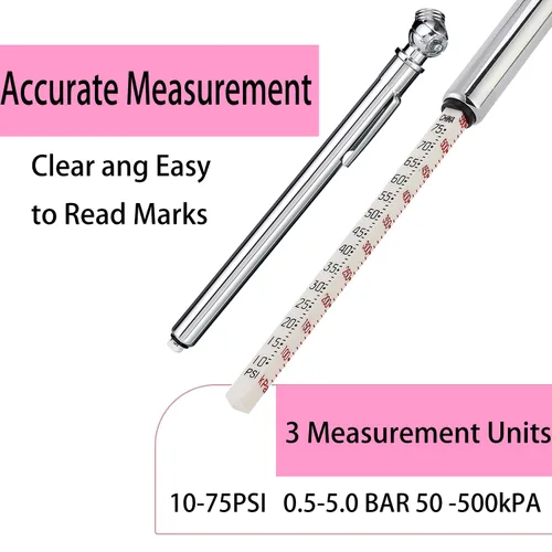 Miniatura 4 de PINKJOY - Medidor de presión de neumáticos tipo lápiz (10-75 PSI) Cuerpo de acero inoxidable y boquilla de metal 3 mediciones para vehículos