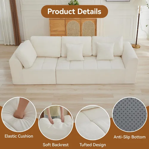 Miniatura 5 de Sofás seccionales modulares de 110 pulgadas para sala de estar, sofá seccional comprimido sin hueso, sofá de espuma viscoelástica tapizado de 3 Beige