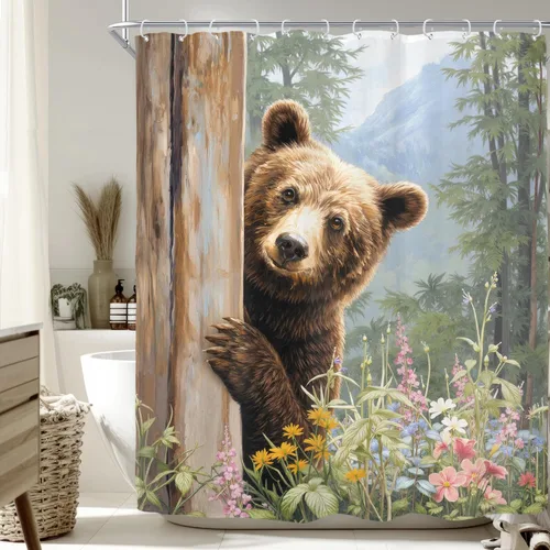 Miniatura 8 de Riyidecor Cortina de ducha de oso pequeño para decoración de baño, 36 pulgadas de ancho x 72 pulgadas de alto, caravana, mitad de vida silvestre