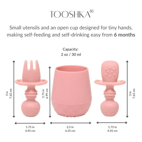 Miniatura 2 de Tooshka® Juego de utensilios para bebés (3 piezas) – Cucharas autónomas y taza pequeña – Silicona y BPA – Suministros de destete para bebés (BLW)