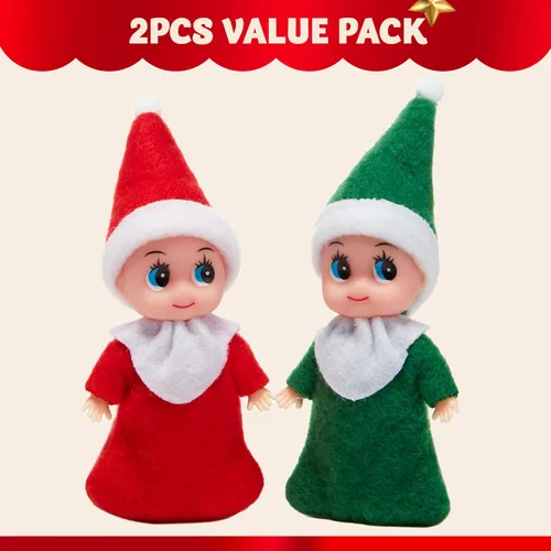 Miniatura 2 de JOYIN Navidad 2 piezas Muñeca pequeña de elfo con 1 elfo rojo y 1 elfo verde, accesorios de decoración festiva, regalo pequeño para niñas, niños