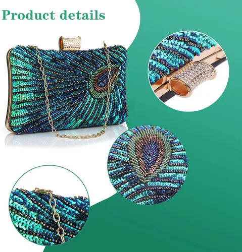 Miniatura 4 de BWKUNOLF Bolsos de mano de lentejuelas con cuentas de pavo real para fiesta y boda