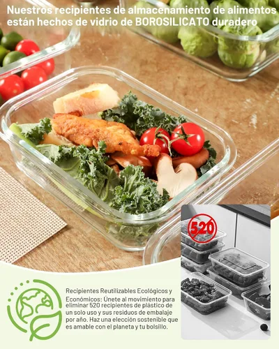 Miniatura 6 de Paquete de 12 recipientes de vidrio con tapas templadas, borosilicato, aptos para horno (-4 °F ~ 950 °F), herméticos, sin BPA, varios tamaños
