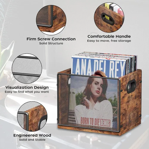 Miniatura 4 de Homeiju Caja de discos de madera y metal, soporte y organizador de álbumes de vinilo, con capacidad para hasta 60 discos