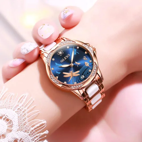 Miniatura 2 de OLEVS Relojes para mujer, de cuerda automática, oro rosa, diamante, reloj de pulsera mecánico automático, acero inoxidable, dos tonos, pulsera