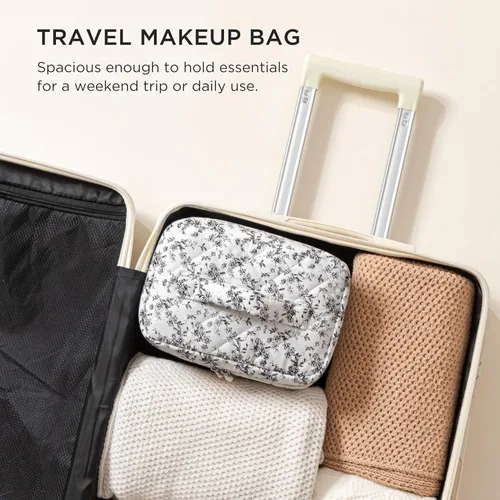 Miniatura 6 de HBselect Bolsa de Maquillaje Acolchada, Bolsa de Maquillaje Grande de Algodón para Viaje, Lindas Bolsas de Maquillaje con Flores Coquette, Bolsas