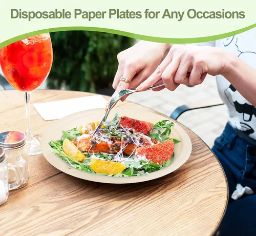 Miniatura 5 de Platos de papel de 10 pulgadas, paquete de 50 platos desechables compostables, respetuosos con el medio ambiente, reciclados, resistentes, marrones