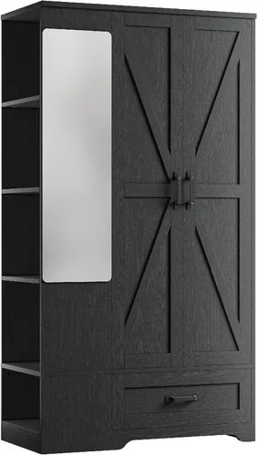 Miniatura 10 de LIKIMIO Armario Armario de 70 pulgadas, gran almacenamiento con espejo, 2 puertas, cajón y estantes, moderno dormitorio independiente de madera Negro