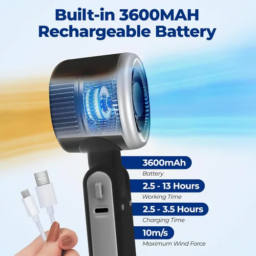 Miniatura 8 de Ventilador turbo de mano recargable, refrigeración de 5 velocidades, batería de larga duración de hasta 12 horas, mini ventilador 3 en 1 con Negro