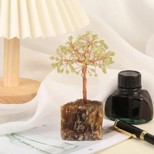Miniatura 6 de mookaitedecor Árbol de cristal de peridoto natural sobre base de racimo de calcita ámbar, adorno de árbol de dinero de Feng Shui para decoración
