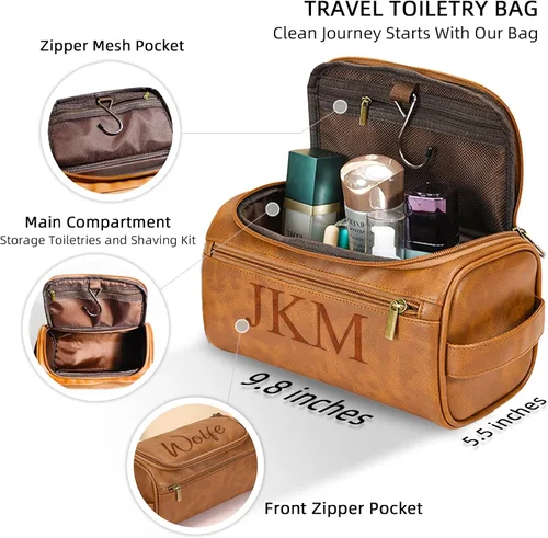 Miniatura 2 de Xpanrous Neceser personalizado para hombre – Kit de piel sintética grabada con nombre o iniciales personalizados, bolsa de afeitar de viaje hecha a