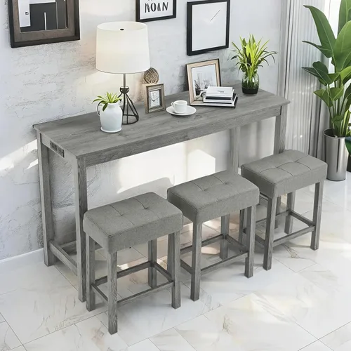 Miniatura 9 de Juego de mesa de bar industrial de 59" de 4 piezas con toma de corriente incorporada, mesa de sofá detrás del sofá con 3 taburetes tapizados