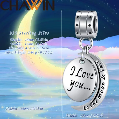 Miniatura 6 de Colgante de plata de ley 925 con texto en inglés "I Love You To the Moon and Back" para mamá, mujeres y niñas, Acero inoxidable, Circonita Cúbica