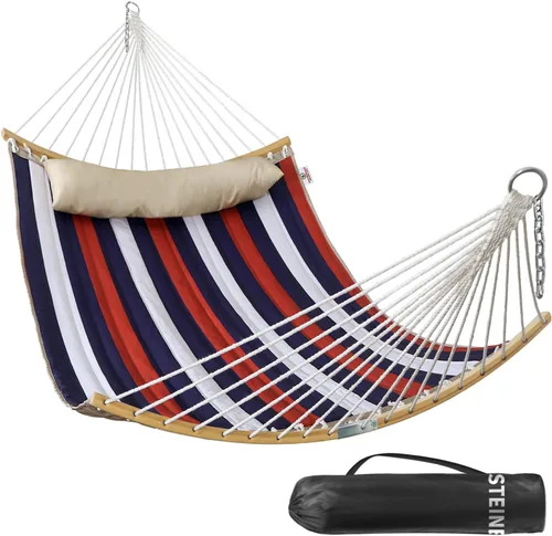 Miniatura 12 de Hamaca doble, hamaca de tela acolchada de 11 pies para 2 personas para exteriores con almohada, barra separadora curvada plegable, cadenas, bolsa