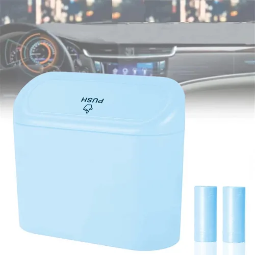 Papelera para automóvil, mini cubo de basura con tapa, 2 bolsas de basura azul, bonitos accesorios para el automóvil para almacenamiento y