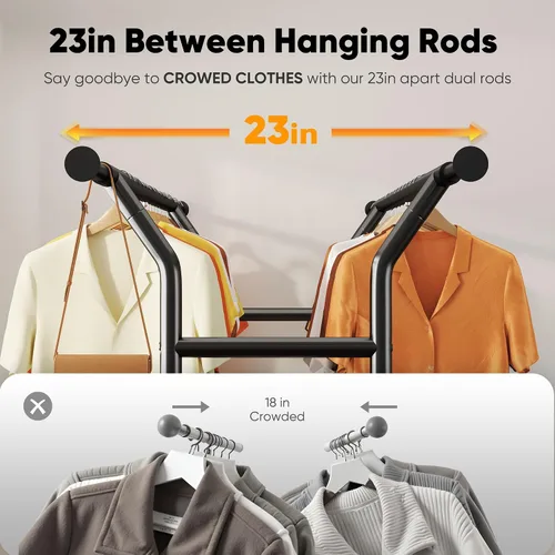 Miniatura 6 de HOKEEPER Perchero resistente con carga de 635 libras, perchero para colgar ropa, barra doble ajustable negra con cesta de metal, perchero portátil