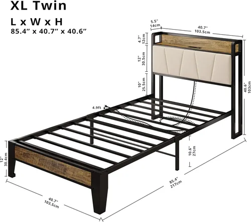 Miniatura 87 de LIKIMIO Base de cama Queen, cabecera de almacenamiento con estación de carga, sólida y estable, sin ruido, no necesita somier, fácil montaje Vintage