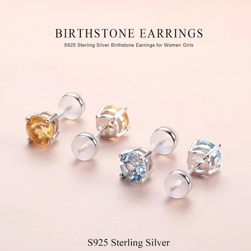 Miniatura 5 de URSILVER Aretes de piedra natal para mujer, plata esterlina S925 de 0.8 quilates, aretes de piedra natal redonda genuina o creada, aretes de 12