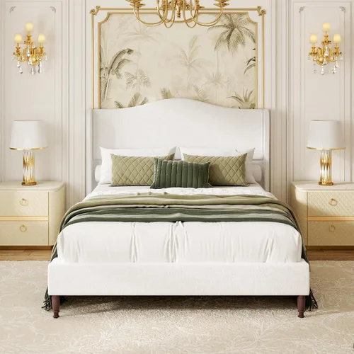 Miniatura 10 de Base de cama tapizada tamaño Queen, cabecera de tela de felpilla de 51 pulgadas de alto con diseño clásico de respaldo curvado de alas, patas