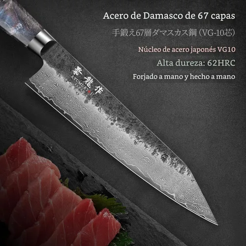 Miniatura 3 de Cuchillo de chef japonés Kiritsuke de 8.27 pulgadas con núcleo VG10, cuchillo profesional de Damasco forjado a mano de 67 capas con mango