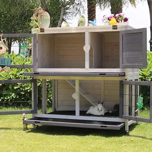 Miniatura 6 de Cat Villa Casa al aire libre para mascotas, jaula de conejo, casa de conejos, villa de doble piso con su propia casa de gato de polea, gris
