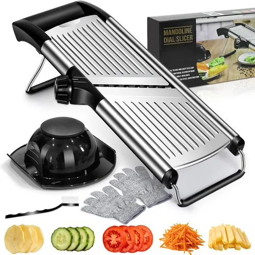 MASTERTOP Cortador de Alimentos con Mandolina Ajustable, Cortador de Verduras Cortador de Frutas, Mandolina de Cocina de Acero Inoxidable, Mandolina