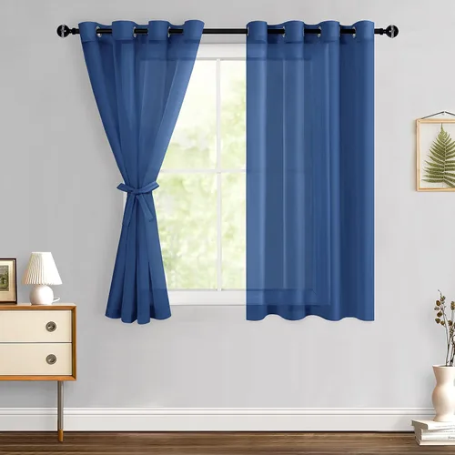 Miniatura 68 de Hiasan - Cortinas traslúcidas de gasa cortas semitransparentes con ojales y alzapaños filtrantes de luz para ventana, dormitorio, baño, 2 paneles