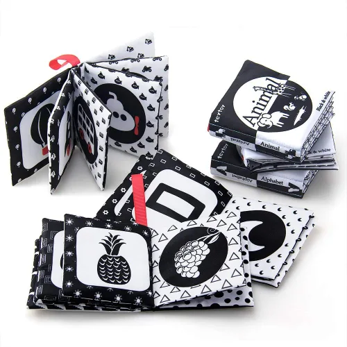 Miniatura 8 de teytoy My First Soft Book, 6 piezas de tela no tóxica para actividades arrugadas en blanco y negro para bebés, niños y niñas, juguetes educativos