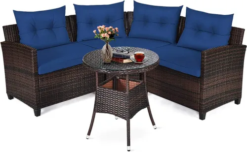 Miniatura 11 de Tangkula - Juego de muebles de patio de 4 piezas en forma de C de mimbre para exteriores, con cojines y mesa de centro con cubierta de cristal