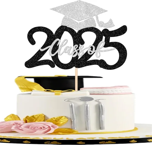 Miniatura 21 de 1 pieza de decoración para pastel de clase 2025 con purpurina, tapa de graduación 2025, decoración de pastel de felicitaciones para 2025, decoración