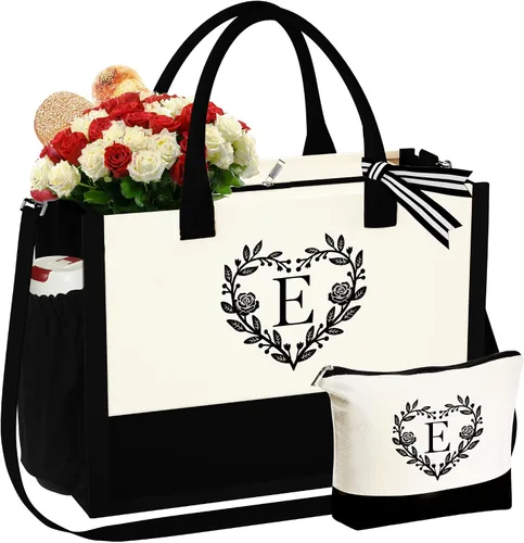 Miniatura 8 de YOOLIFE Regalos para mujeres – Bolsa de playa con monograma inicial con bolsa de maquillaje, día de la madre, regalos de cumpleaños para mujeres