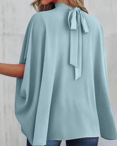 Miniatura 4 de BTFBM Blusas de verano para mujer, cuello alto falso, manga murciélago, holgadas, dobladillo alto y bajo, blusas informales de gran