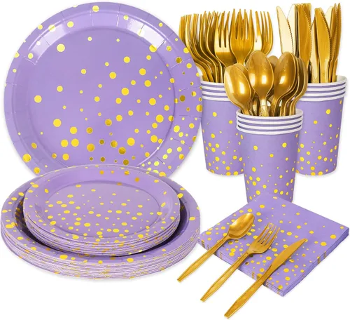 Miniatura 8 de Whaline 175 piezas de suministros de fiesta verde salvia con puntos dorados, platos de papel, servilletas y vasos, juego de vajilla desechable