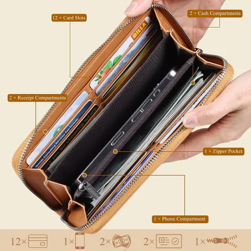 Miniatura 46 de VISOUL Cartera larga de cuero con cremallera para hombres y mujeres con bloqueo RFID, cartera larga de embrague grande con cremallera, Negro
