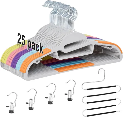 VECELO Paquete de 25 perchas de plástico de alta calidad para trajes, antideslizantes, resistentes, apertura en forma de S, gancho giratorio de