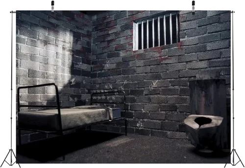 Miniatura 4 de BELECO Telón de fondo de prisión de 5 x 3 pies para fotografía de celda de prisión, habitación prohibida con marcas y manchas de sangre, fondo