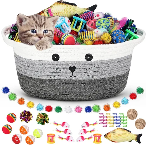 Miniatura 12 de Zopeal - Juego de 58 cestas de almacenamiento para gatos de verano, juguetes de regalo, bolas intermitentes coloridas para mascotas, bolas Negro