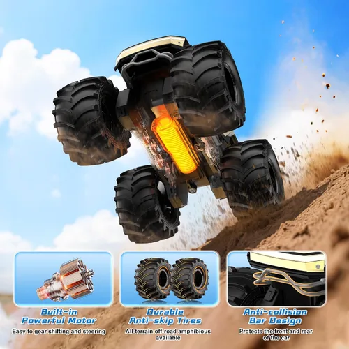 Miniatura 7 de Coche de control remoto para niños, juguetes de camiones monstruo 1:18, autos RC anfibios, camiones RC impermeables de 2.4 GHz, camioneta Oro